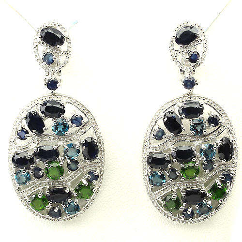***IN STOCK***REAL STONES!!!*** CHROME DIOPSIDE,SAPPHIRE,LONDON BLUE TOPAZ 925 SILVER EARRINGS