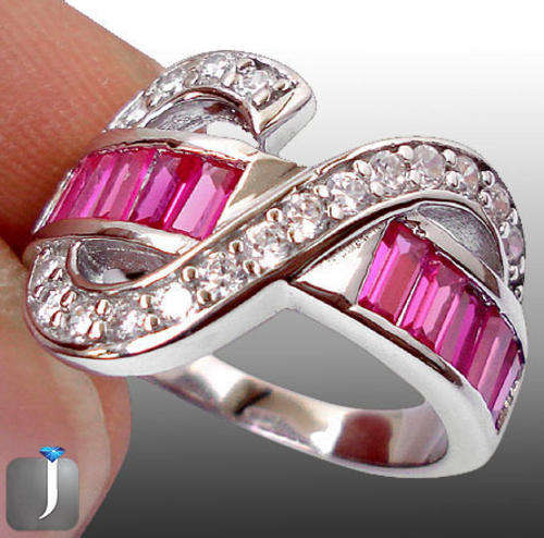 ***MONEY- BACK GUARANTEE*** size 7 PINK RUBY BAGUETTE WHITE TOPAZ 925 STERLING SILVER ARTISAN RING