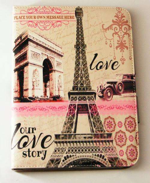 iPad 2 , 3, 4 Book cover, Paris love story - Old times Eiffel Tower Design, fabric  for iPAD tablet