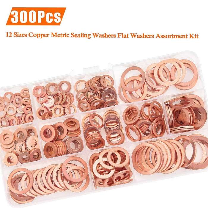 Copper Washer Assortment Set, HELIFOUNER 300 Pieces 12 Sizes Copper Metric Sealing Washers Kit