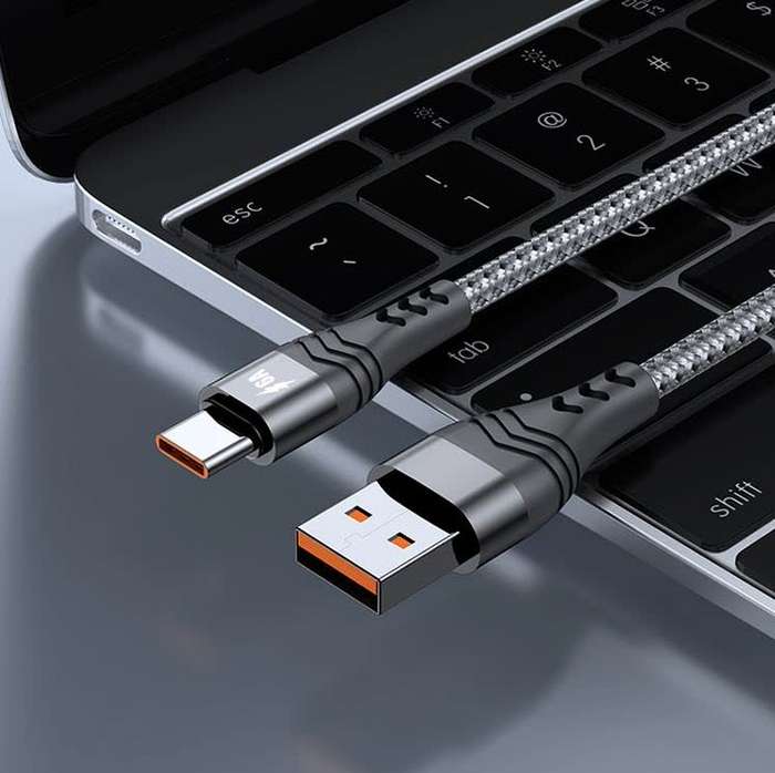 USB Braided 6A 66W Fast Charge Compatible cable - Type C - Black - 1 m