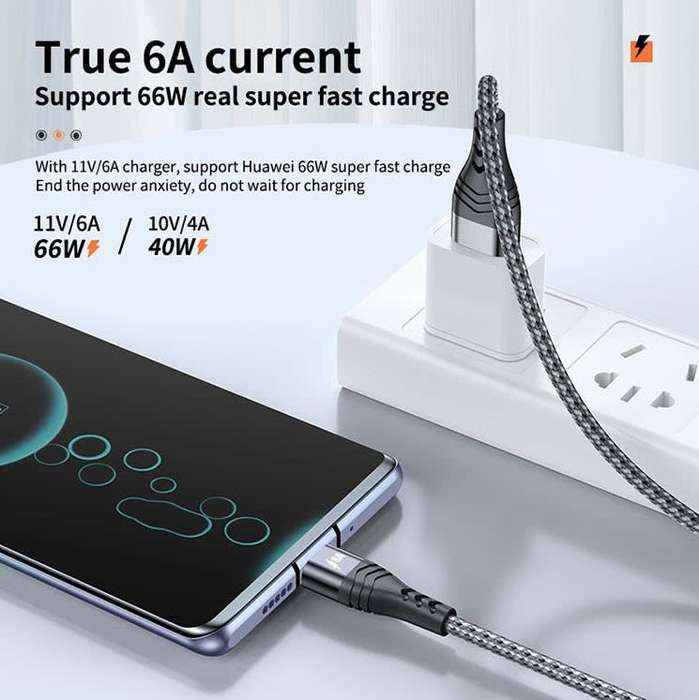 USB Braided 6A 66W Fast Charge Compatible cable - Type C - Black - 1 m