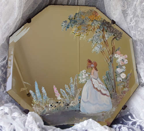 CRINOLINE LADY, HAND PAINTED DRESSING TABLE MIRROR, STRAIGHT FROM THE ROMANTIC 1940s ERA