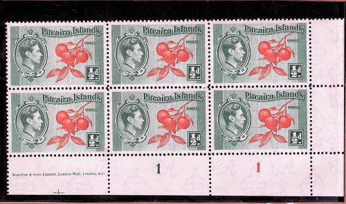 PITCAIRN ISLANDS 1940 KGVI 1.2 BOTTOM RIGHT MARGINAL COR BLOCKS OF 6 UMM. (1 TONE SPOT)SG1 CAT R175