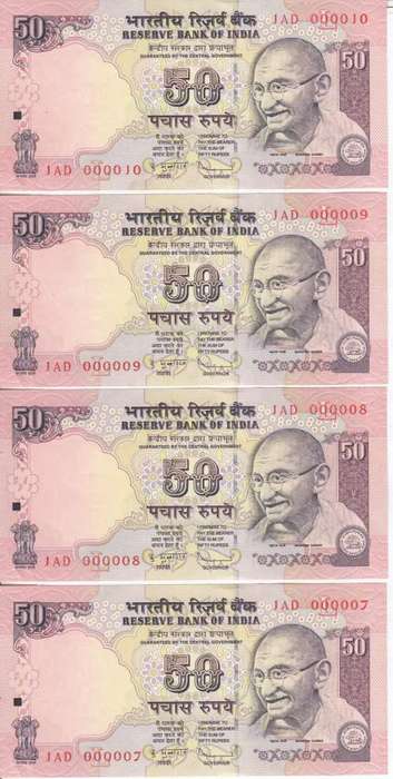 India - Lot of 10x 50 Rupee banknotes with following numbere JAD000001 to JAD000010 - Uncirculated