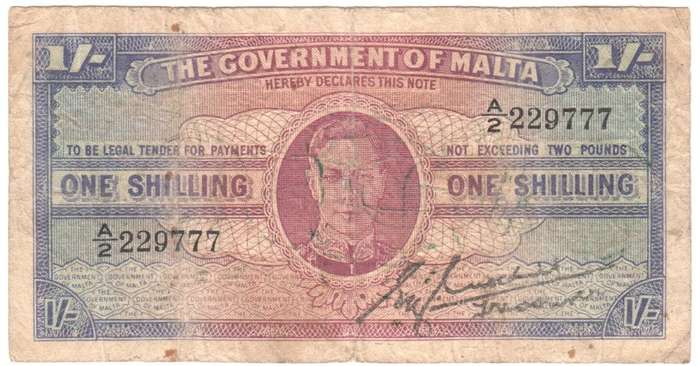 Malta  One Shilling Banknote - George VI - uniface