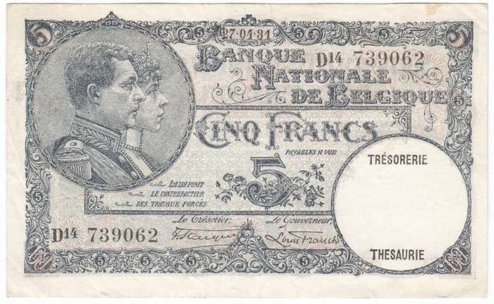 Belgium 193 CINO Francs ( 5 ) uncirculated