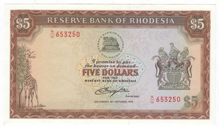 Rhodesia 5 Dollars 1978 uncirculated banknote