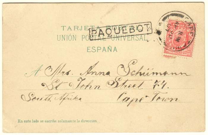 Postal History Card from Las Palmas to Cape Town by postal boat