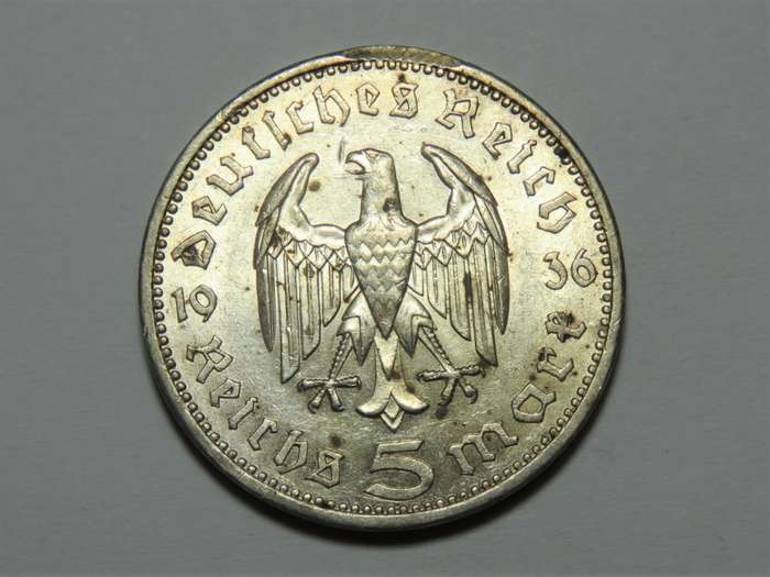 1936 Germany A Hindenburg 5 reichsmark - UNC with bag marks