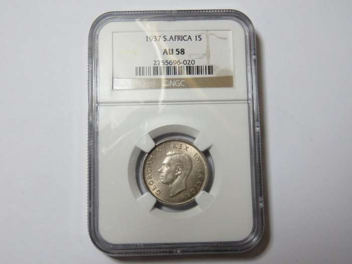South Africa 1937 Shilling graded AU 58 by NGC