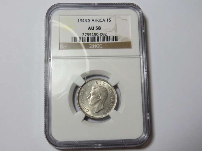 South Africa 1943 Shilling graded AU 58 by NGC