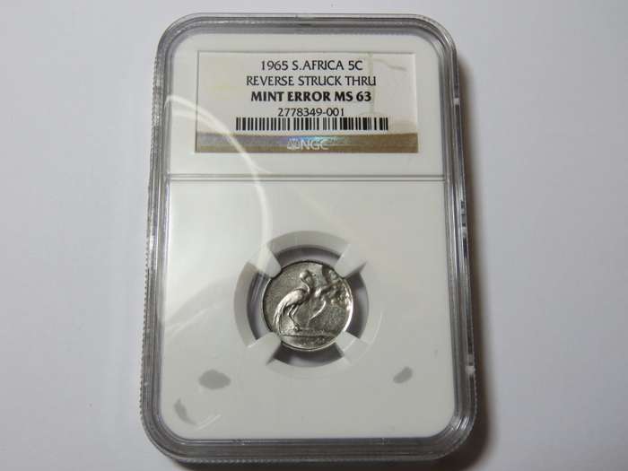 South Africa 1965 Reverse Struck Thru 5c mint error MS 63 graded by NGC