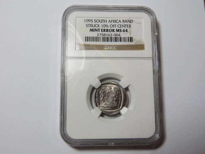 South Africa error coin - 1995 Rand struck off center and Graded Mint error MS 64 by NGC