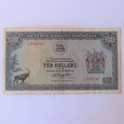 Reserve Bank of Rhodesia Ten Dollars 2 January 1979 VF+