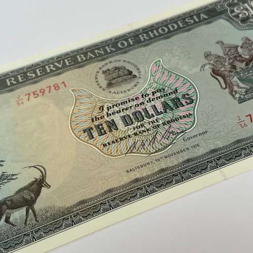 Reserve Bank of Rhodesia Ten Dollars 19 November 1975 uncirculated and top quality