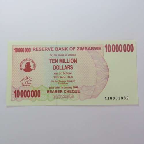 Zimbabwe Bearer cheque $10000000 1 Jan 2008 uncirculated ZW 89