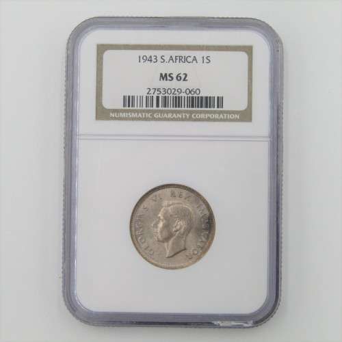1943 SA Union 1s Shilling graded MS 62 by NGC
