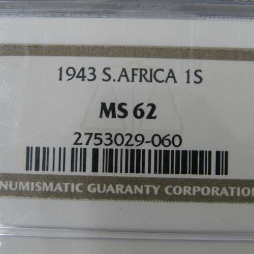 1943 SA Union 1s Shilling graded MS 62 by NGC