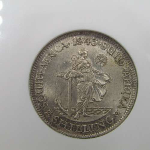 1943 SA Union 1s Shilling graded MS 62 by NGC