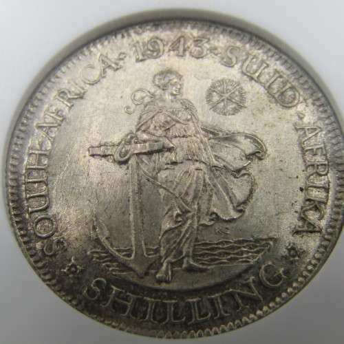 1943 SA Union 1s Shilling graded MS 62 by NGC