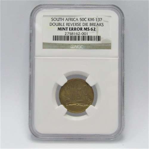 South Africa mint error 1990 ( to 1995 ) 50 cent with double reverse die breaks graded mint error MS