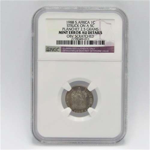 1988 South Africa 1c struck on A 5c planchet 2.5 grams mint error AU Details OBV scratched graded by