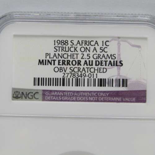 1988 South Africa 1c struck on A 5c planchet 2.5 grams mint error AU Details OBV scratched graded by