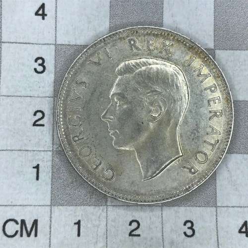 1944 SA Union Half Crown - Light bag marks - Die crack at imperator - UNC