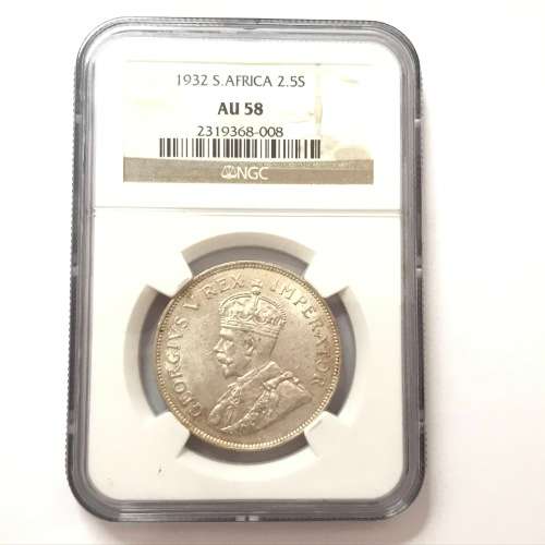 1932 SA Union 2 shilling half crown graded AU 58 by NGC