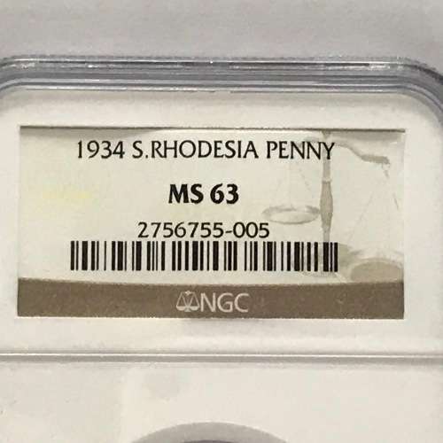 1934 Southern Rhodesia graded Penny - NGC MS 63 - hen`s teeth