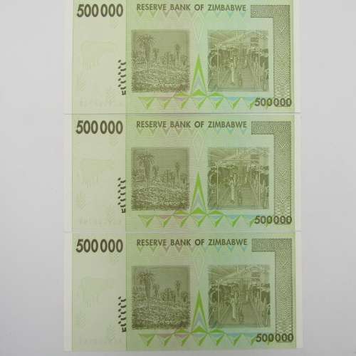 Zimbabwe Uncirculated set of 3 banknotes with consecutive numbers - $500 000 Harare 2008