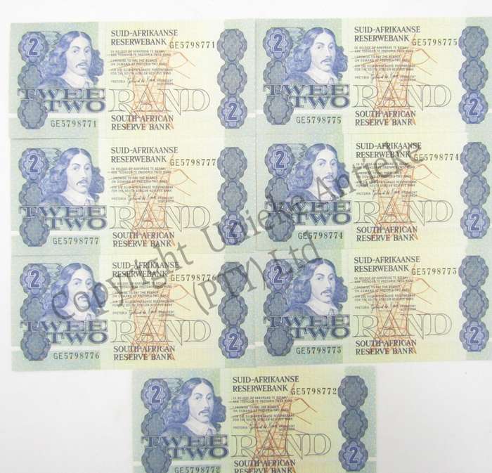 Lot of 7 Gerhard de Kock R2 banknote with consecutive numbers - 1984
