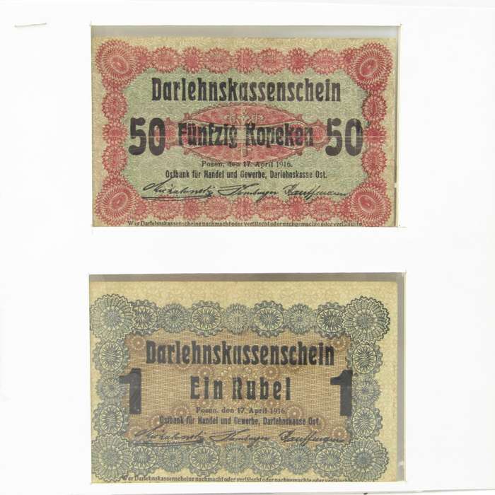 Lot of 2 German Ostbank WW1 antique banknotes 1 Rubel & 50 Kopeken