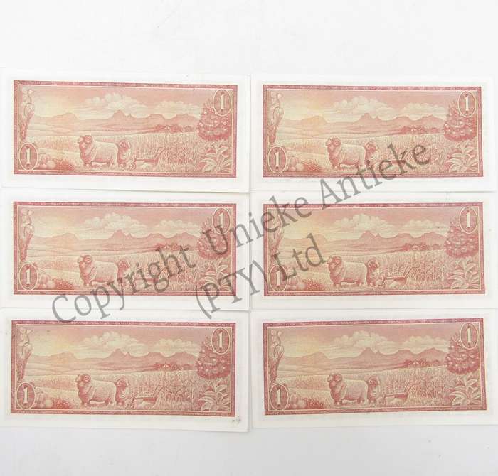 Lot of 6 x TW de Jongh uncirculated R1 banknotes with consecutive numbers