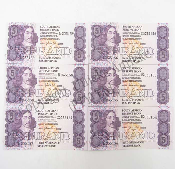 GPC de Kock 3rd Issue lot of 6 uncirculated R5 notes in sequence