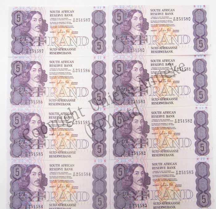 Lot of 8 GPC de Kock 3rd issue R5 notes - Replacement banknotes in sequence