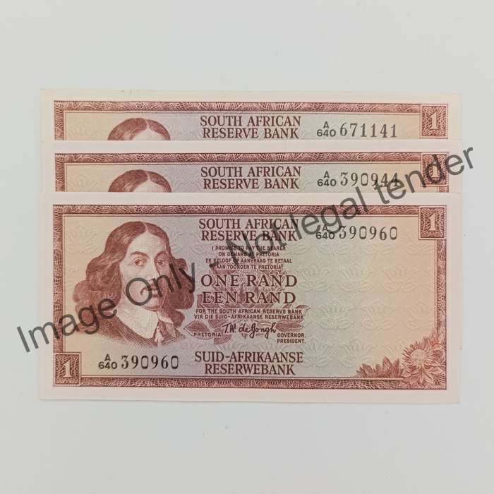 South Africa 3 TW de Jongh First Issue 1972 A640 uncirculated banknotes - paperclip crease