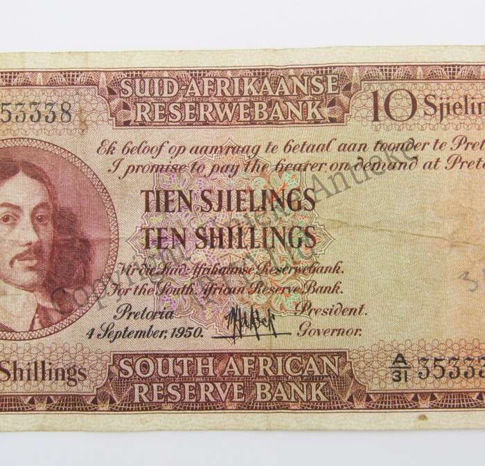 MH de Kock Ten Shillings 1950 A/E A31 VF