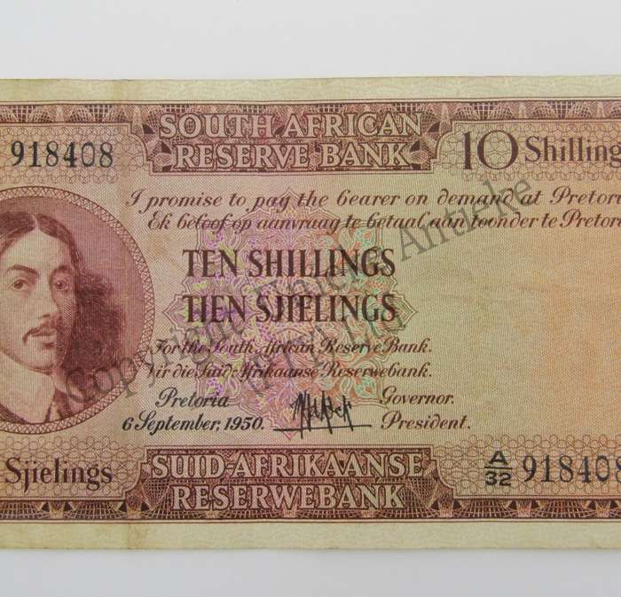 MH de Kock Ten Shillings 1950 - E/A - A32 - VF+