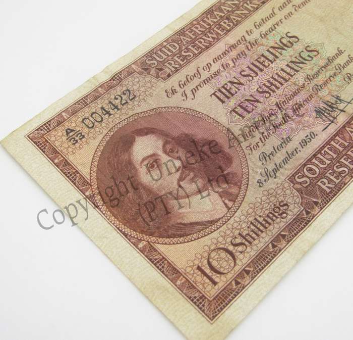 MH de Kock Ten Shillings 1950 - A/E - A33 - VF with number 004422
