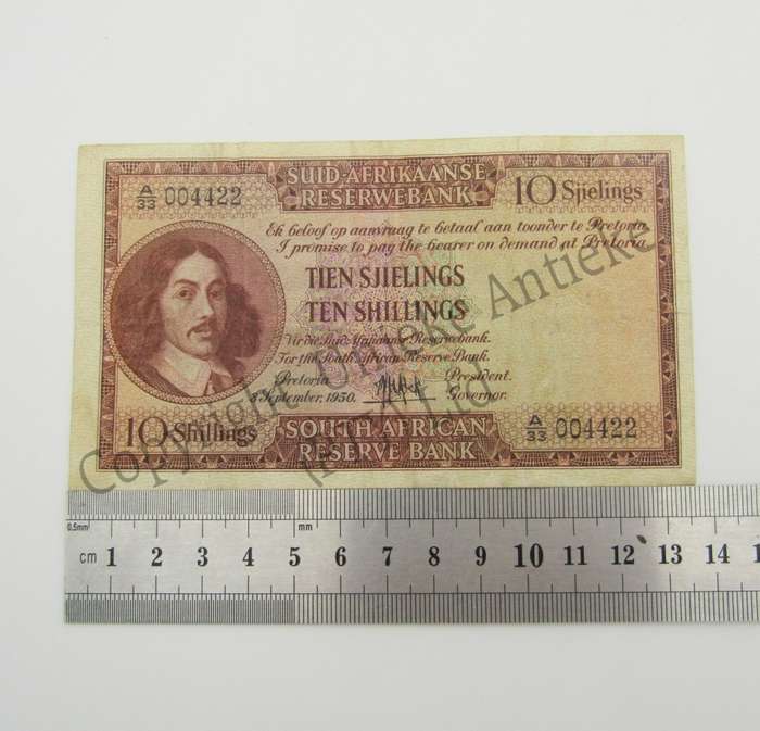 MH de Kock Ten Shillings 1950 - A/E - A33 - VF with number 004422