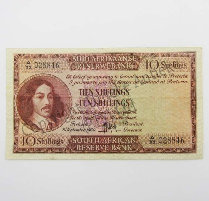 MH de Kock Ten Shillings 1950 - A/E - A33 - VF+