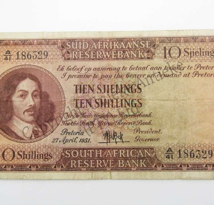 MH de Kock Ten Shillings 1951 - A/E - A41 - VF+