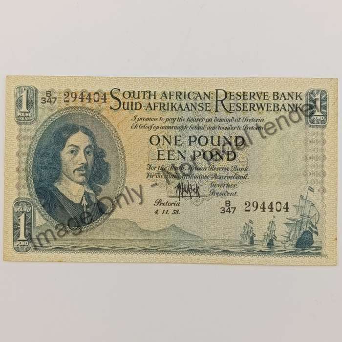 MH de Kock one pound 4-11-58 - E/A - B347 - UNC with slight dents
