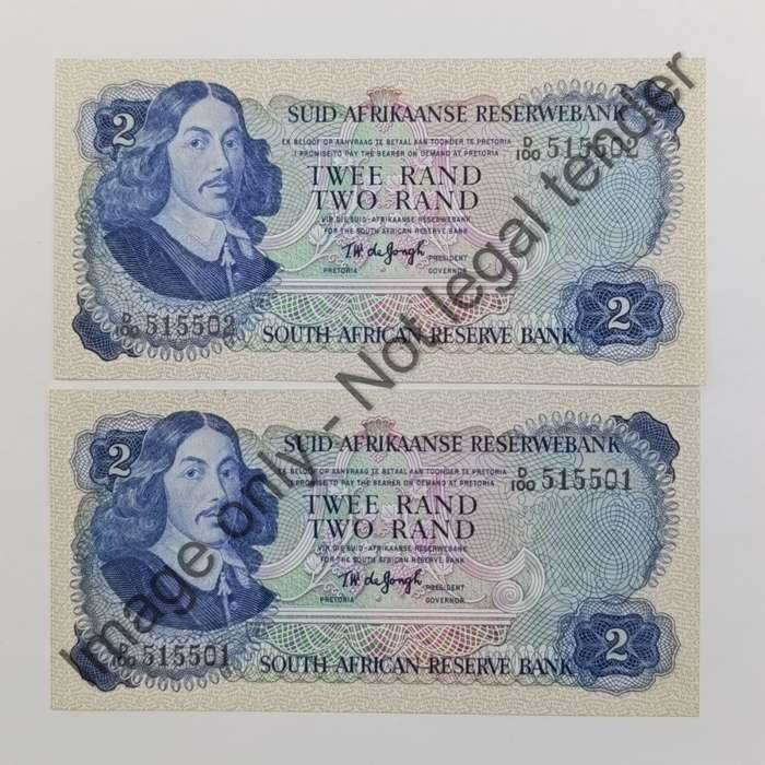 TW de Jongh 2nd issue 1974 R2 banknote pair uncirculated with consecutive numbers D100