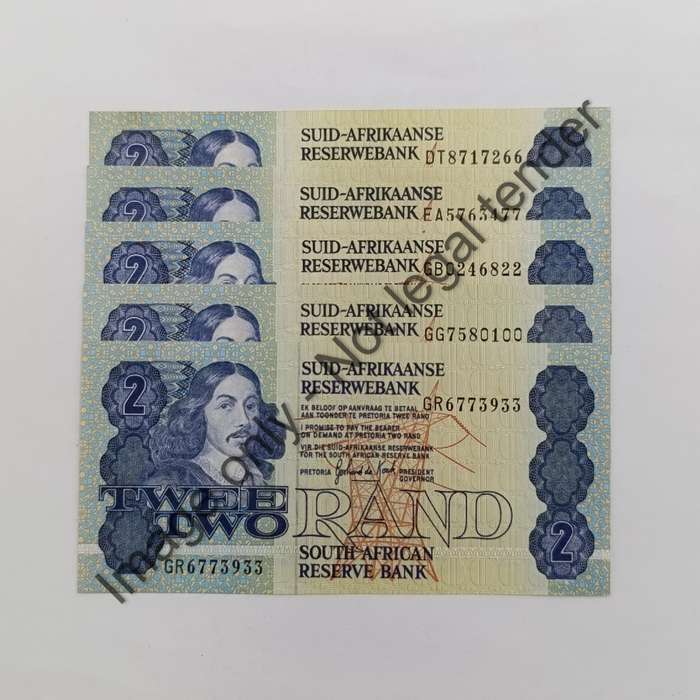 GPC de Kock 3rd issue Lot of 5 R2 banknotes with numbers ending in 00, 22, 33, 66, 77 uncirculated