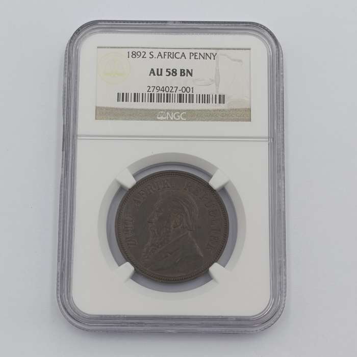 1892 ZAR Kruger Penny graded AU58 BN by NGC