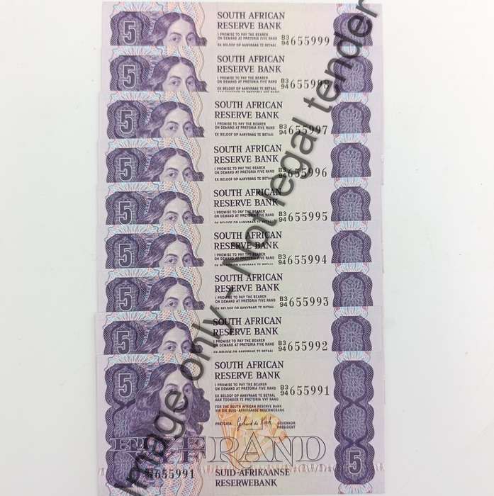 Banknotes SA GPC de Kock 2nd Issue Lot of 9 banknotes R5 with consecutive numbers - uncirculated