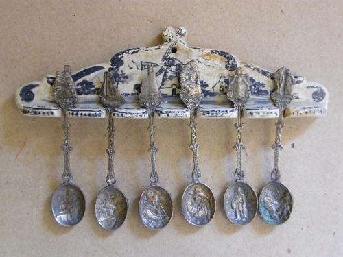 Antique delft type spoon holder with 6 spoons - as per photos